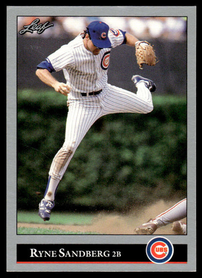 Ryne Sandberg mid-pitch in pinstripe uniform for Chicago Cubs baseball card