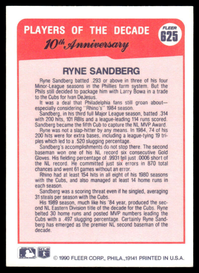 Ryne Sandberg Chicago Cubs baseball card showcasing Players of the Decade statistics