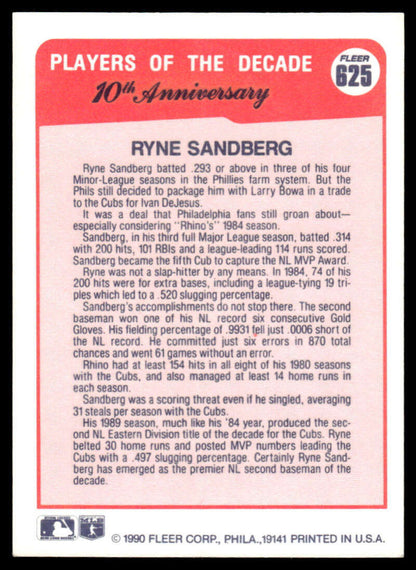 Ryne Sandberg Chicago Cubs baseball card showcasing Players of the Decade statistics