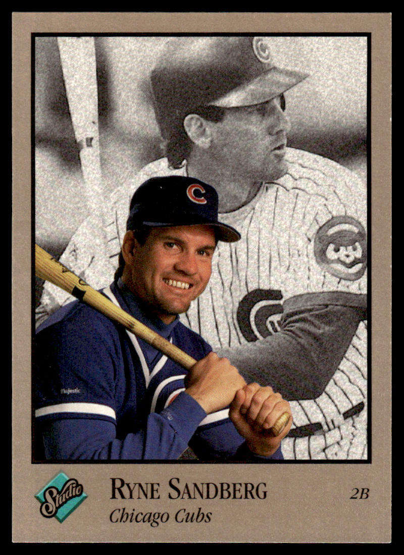 Ryne Sandberg Chicago Cubs Baseball Card with vintage photo backdrop and bat