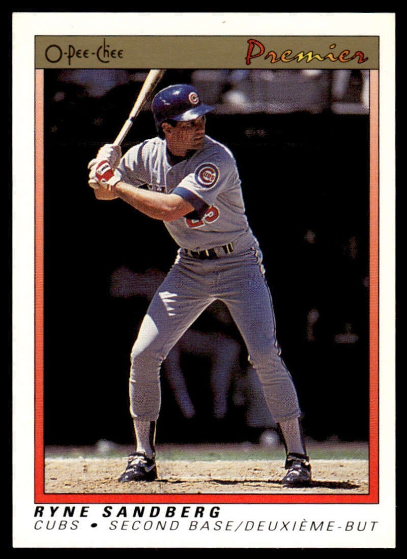 Ryne Sandberg Chicago Cubs baseball card in gray road uniform at bat