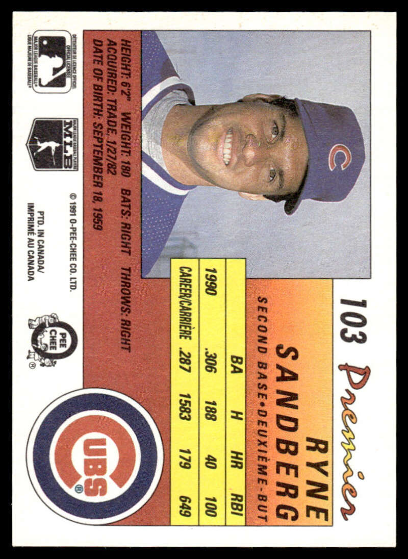 1991 O-Pee-Chee Premier Ryne Sandberg Chicago Cubs Baseball Card with blue cap