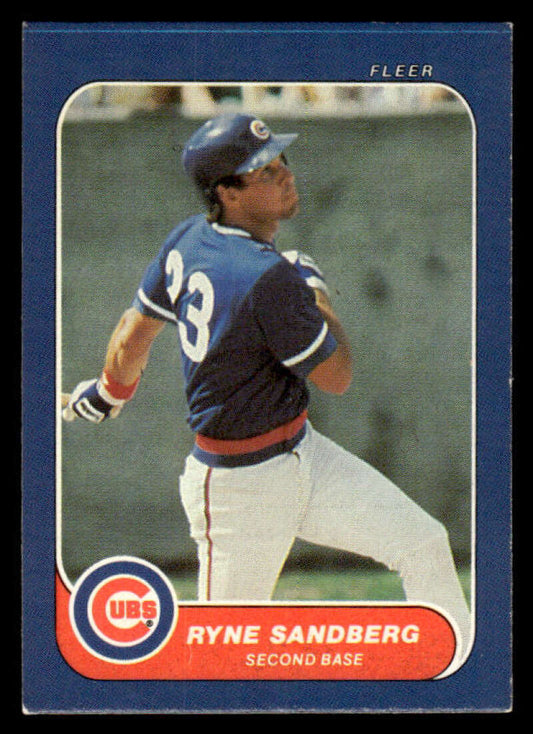 Ryne Sandberg at bat on a 1986 Fleer Chicago Cubs Baseball Card featuring Star Stickers