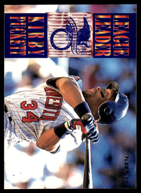 Baseball card of Kirby Puckett in batting stance for Minnesota Twins