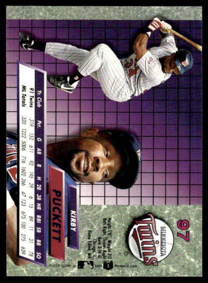 1992 Ultra #97 Kirby Puckett making a leaping catch for Minnesota Twins Baseball