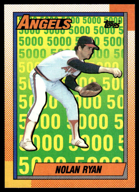 Baseball card of Nolan Ryan in white California Angels uniform at fielding stance