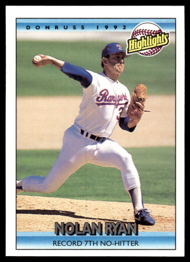 Nolan Ryan mid-delivery on 1992 Donruss Texas Rangers Baseball Card, a piece of baseball history