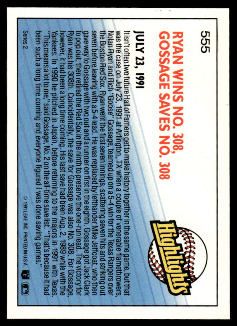 Back of 1992 Donruss #555 Rich Gossage and Nolan Ryan Texas Rangers Baseball Card stats