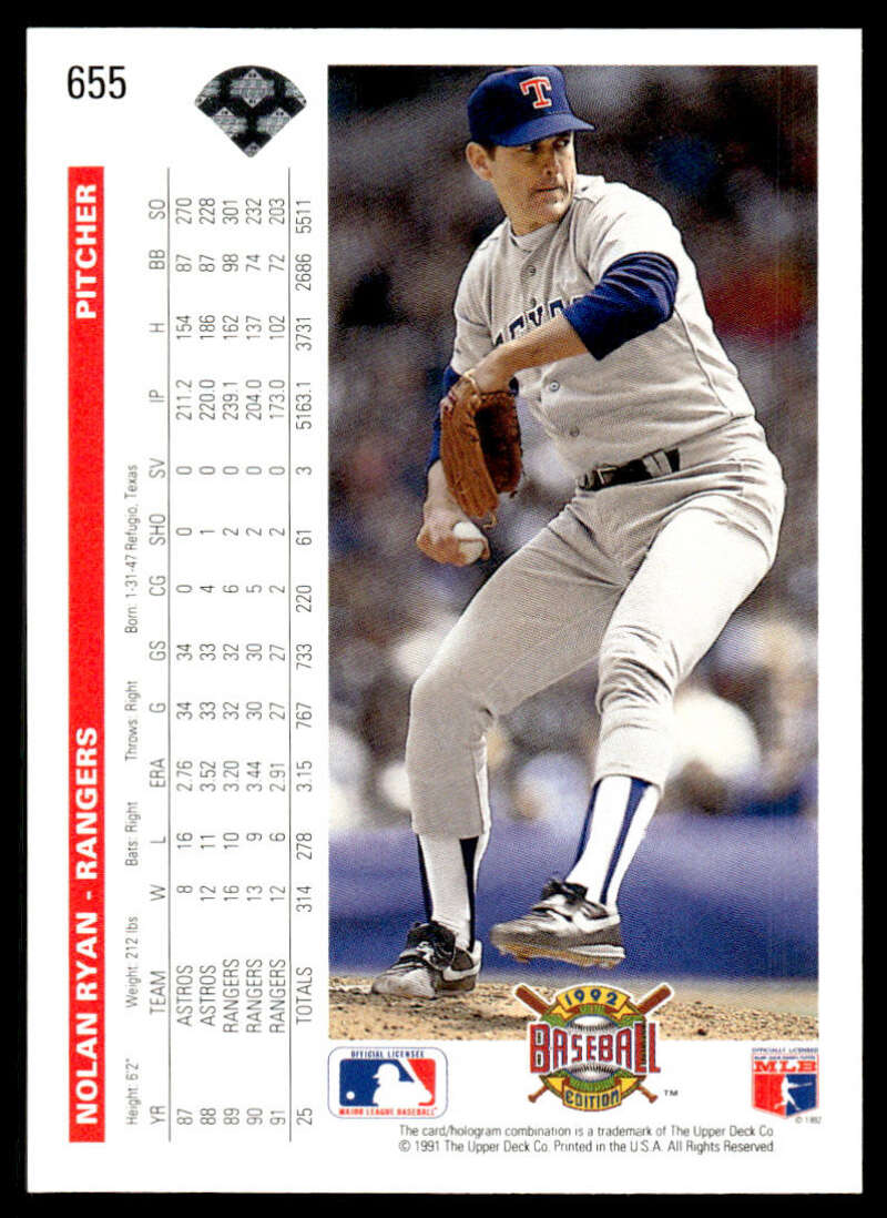 Nolan Ryan mid-delivery on 1992 Upper Deck Texas Rangers Baseball Card #655