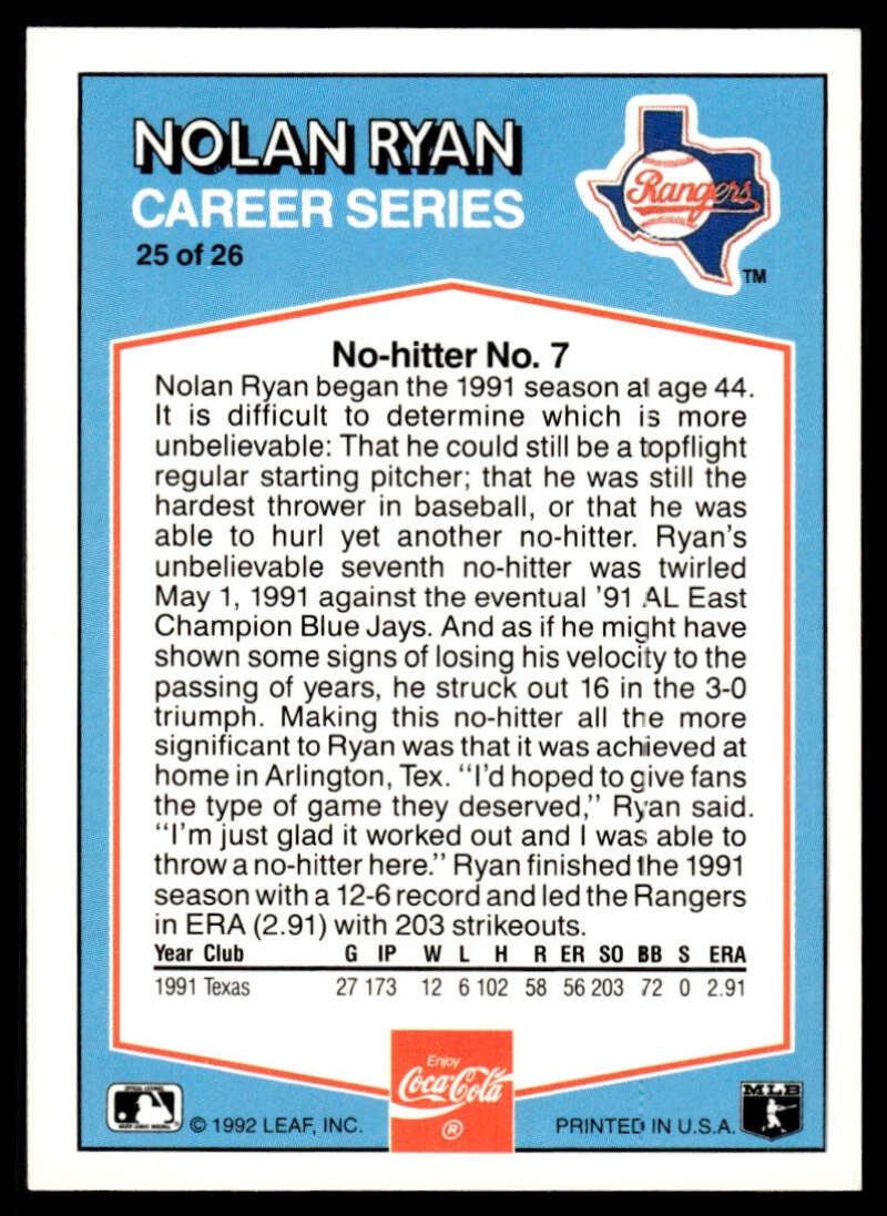 Nolan Ryan Texas Rangers Baseball Card showcasing career stats and no-hitter achievement