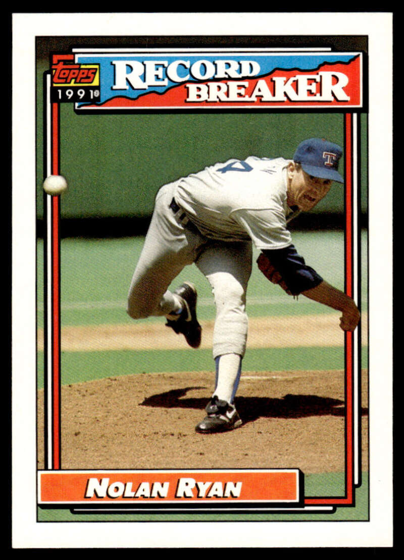 Nolan Ryan mid-delivery on a Texas Rangers baseball card from 1992 Topps