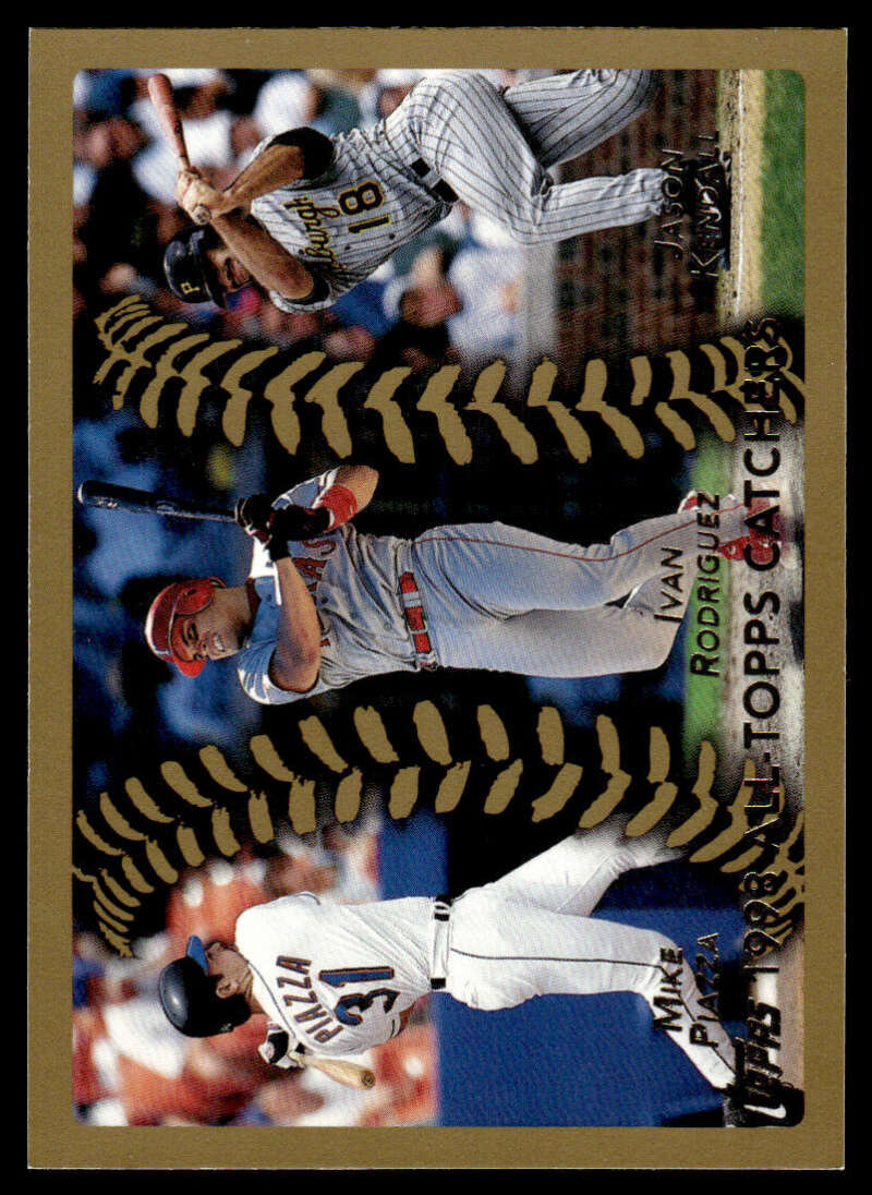 Baseball card featuring three players in pinstriped uniforms and gold stitching design