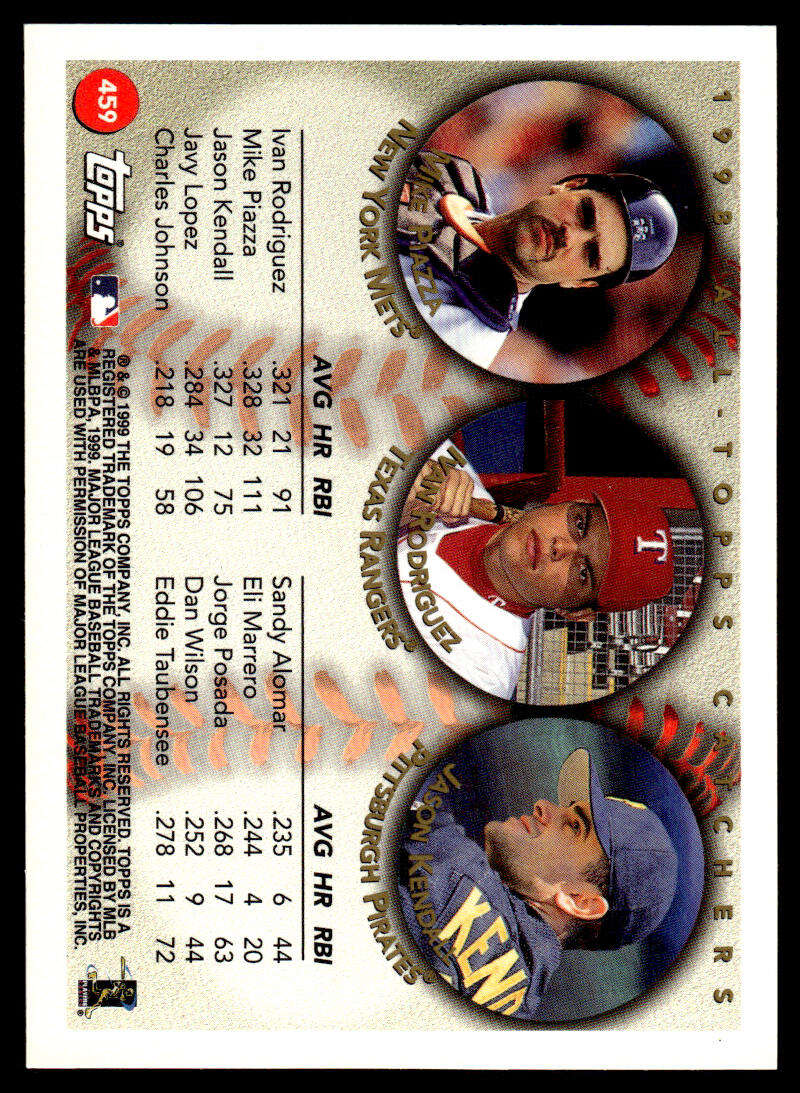 Baseball card featuring Piazza, Rodriguez, and Kendall with stats on the back