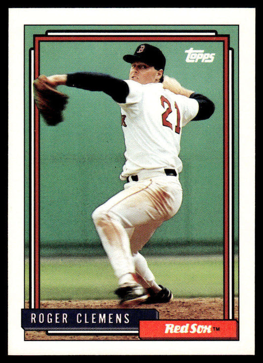 1992 Topps #150 Roger Clemens baseball card featuring Boston Red Sox pitcher in action