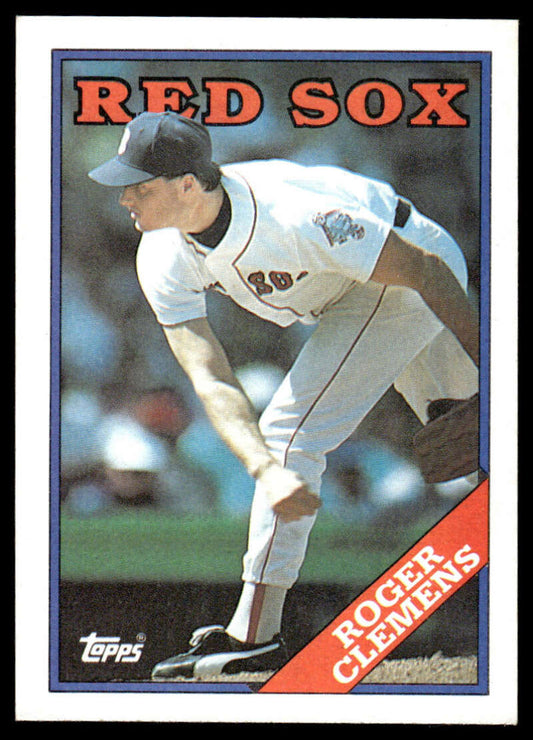 Roger Clemens mid-delivery on a 1988 Topps Boston Red Sox Baseball Card