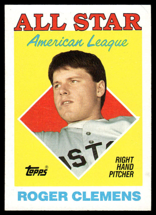 Vintage 1988 Topps Roger Clemens Boston Red Sox baseball card showcasing a right-handed pitcher