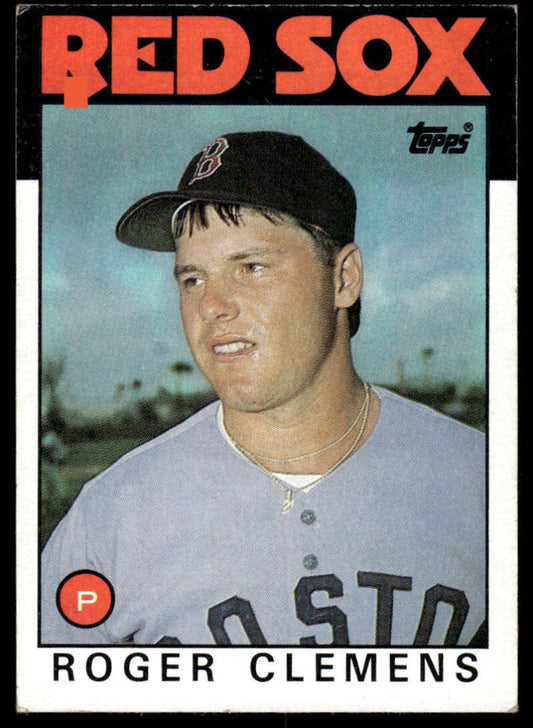 1986 Topps baseball card of Roger Clemens in Red Sox gray uniform