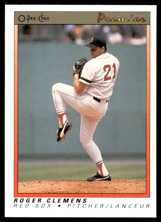 Roger Clemens mid-windup in Red Sox uniform #21 on Boston Red Sox baseball card