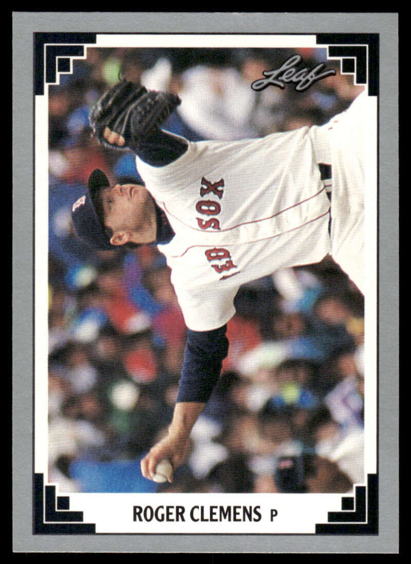 Baseball card of Roger Clemens mid-throw in Boston Red Sox white home jersey