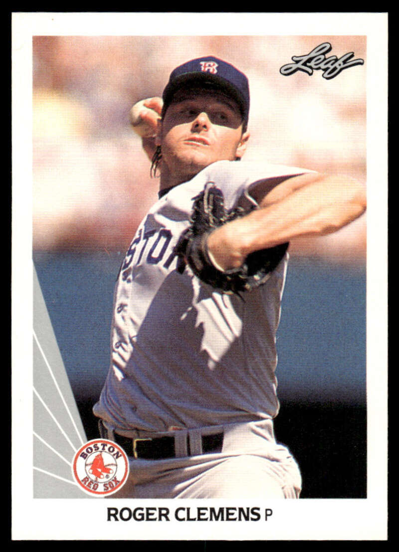 Baseball card of Roger Clemens in mid-throw for the Boston Red Sox in gray uniform