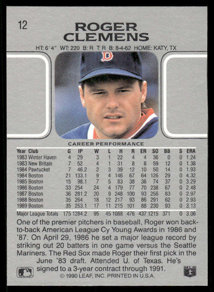 Baseball trading card of Roger Clemens with stats for Boston Red Sox performance