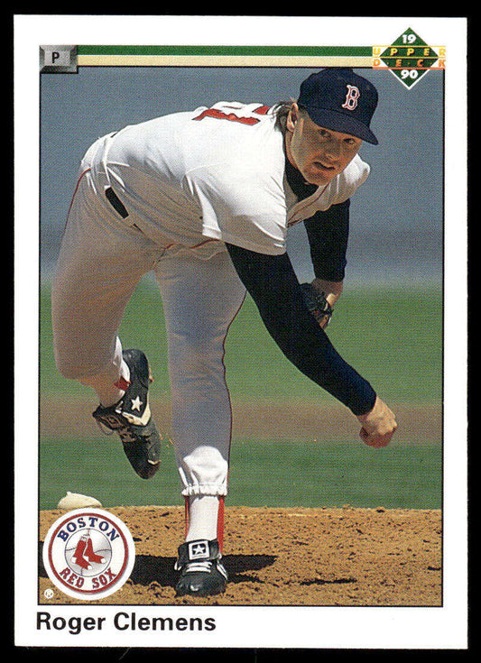 Boston Red Sox pitcher Roger Clemens delivering a pitch in his home uniform