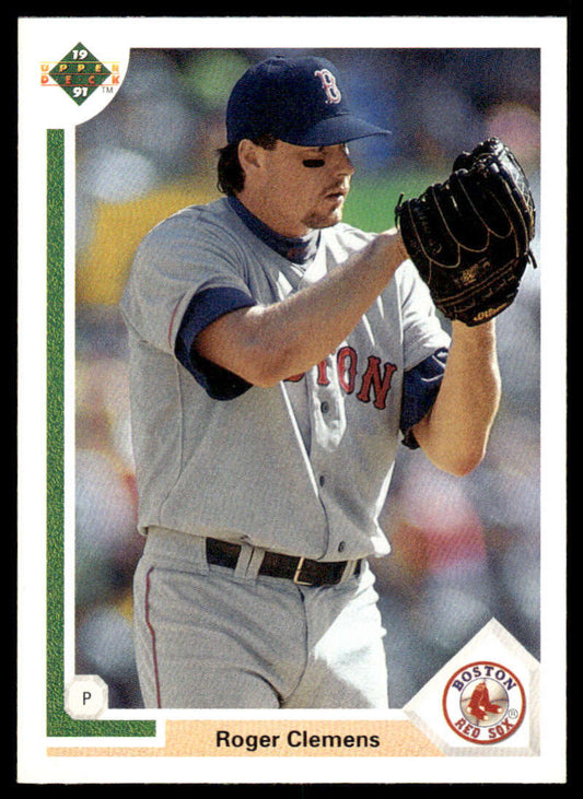 1991 Upper Deck #655 Roger Clemens Baseball Card of a Boston Red Sox pitcher in action