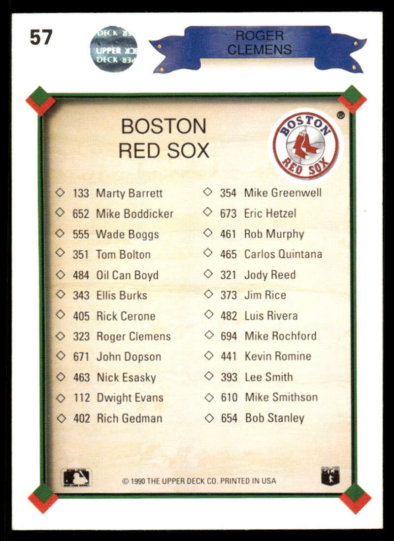 Baseball card checklist showcasing 1996 Upper Deck Red Sox players including Roger Clemens