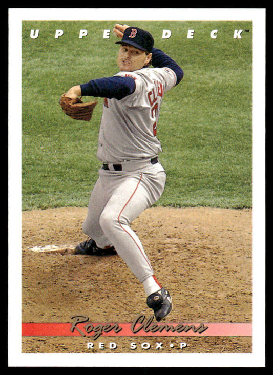 Roger Clemens delivering a pitch in Red Sox away uniform, Upper Deck baseball card