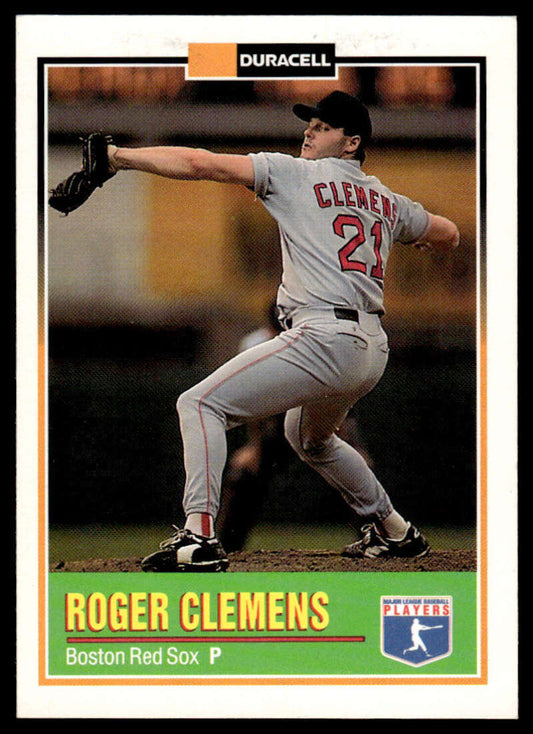 Baseball card of Roger Clemens in mid-throw for Boston Red Sox, Duracell Power Players