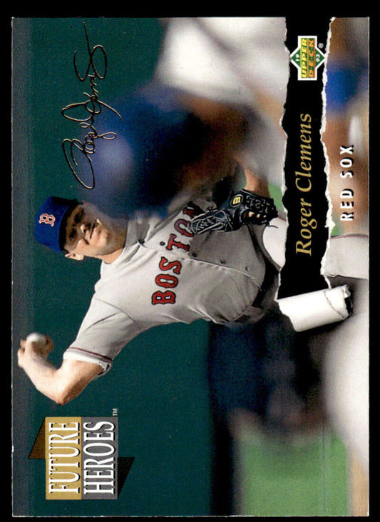 Baseball trading card of Roger Clemens making a diving catch for Boston Red Sox