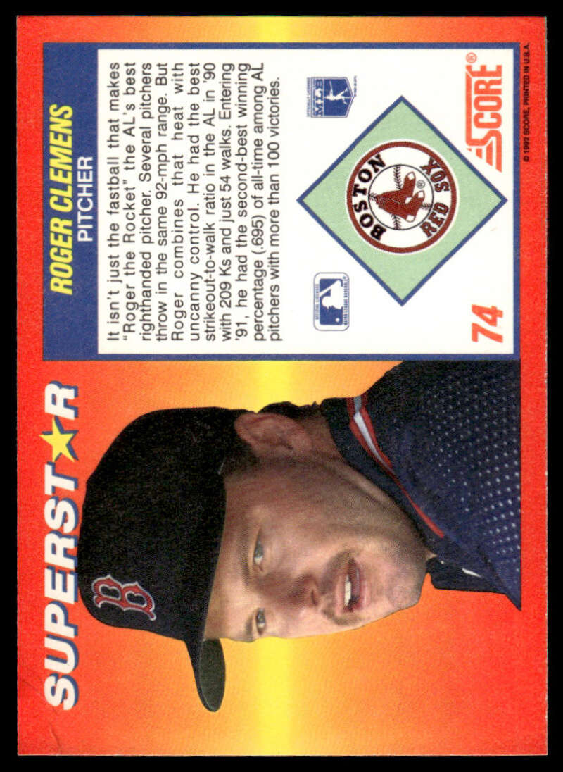 Baseball card of Roger Clemens in Boston Red Sox navy cap, 1992 Score Superstars