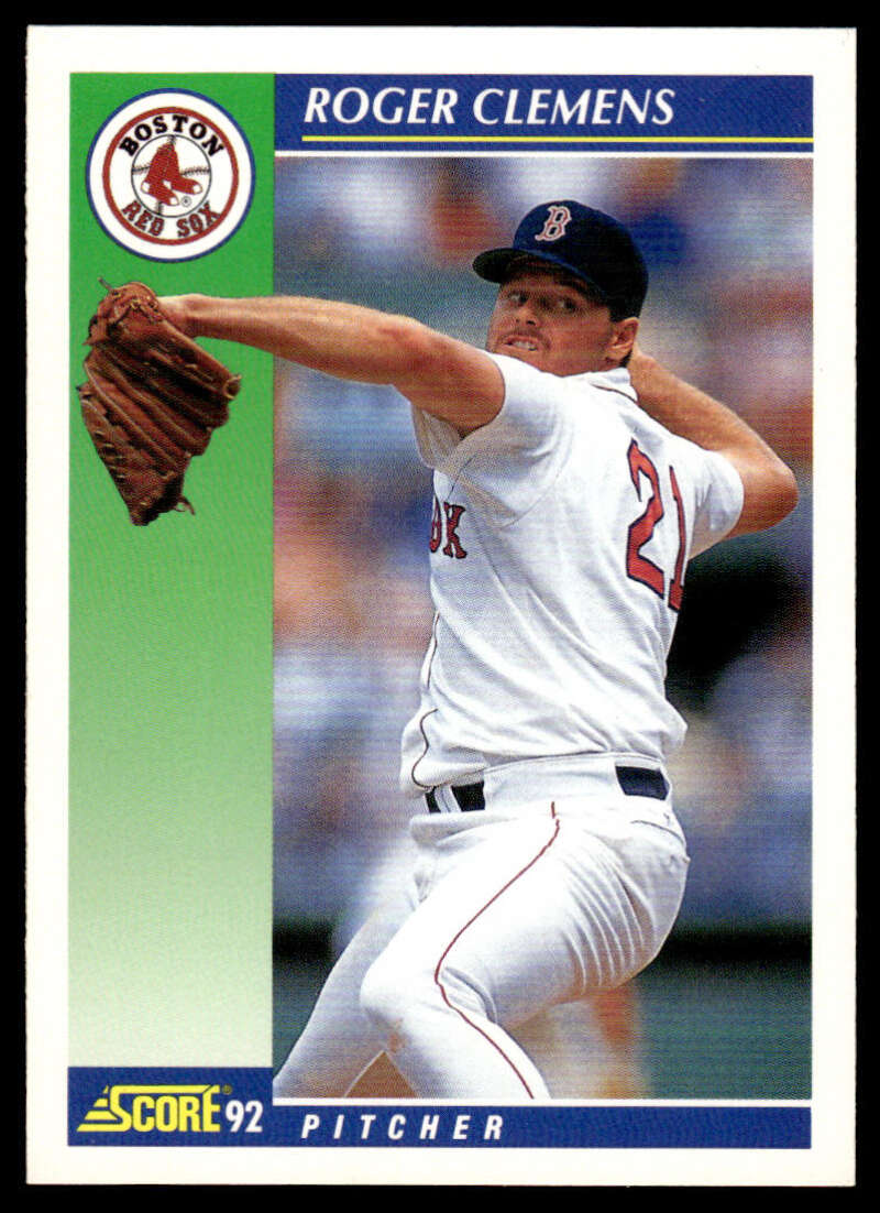 Boston Red Sox Roger Clemens baseball card in mid-throw wearing home uniform