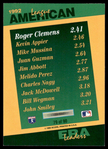 1993 Score #79 Roger Clemens Baseball Card featuring American League ERA leaders 1992