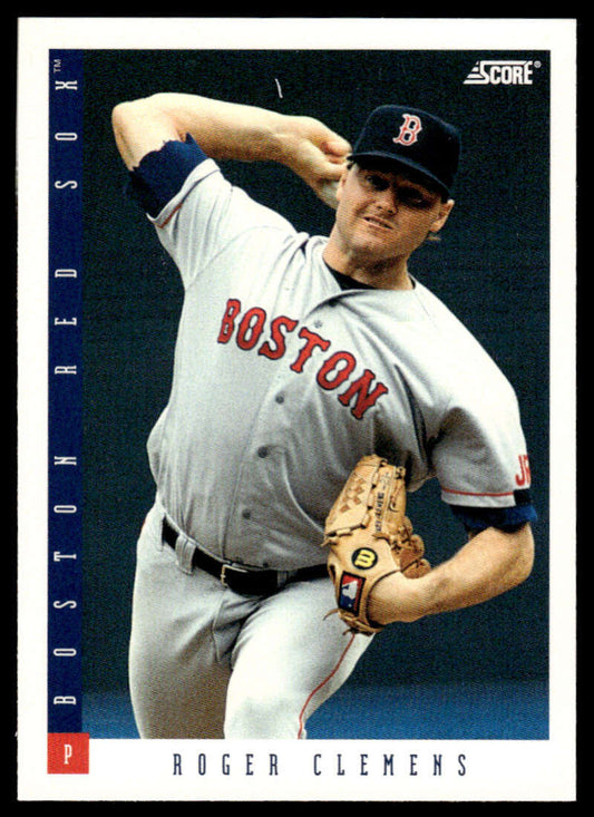 1993 Score #7 Roger Clemens Boston Red Sox Baseball Card featuring pitcher mid-throw