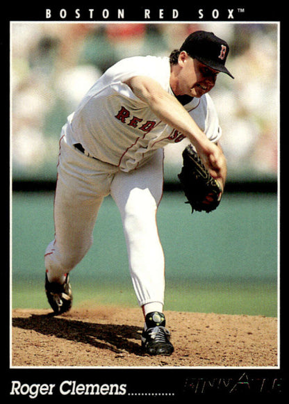 Boston Red Sox pitcher Roger Clemens in mid-delivery on the mound