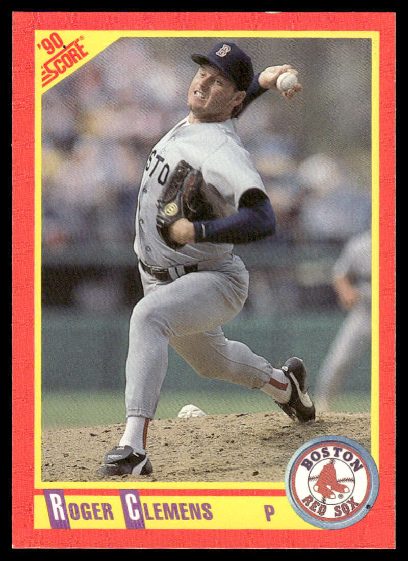 Roger Clemens mid-throw in white uniform on 1990 Score Red Sox Baseball Card