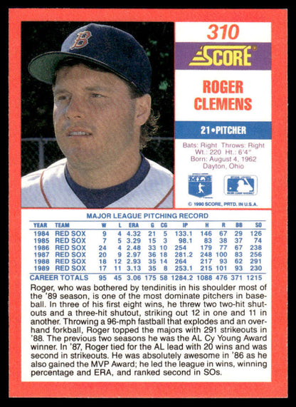 1990 Score Baseball Card of Roger Clemens, Red Sox Pitcher from the late 1980s