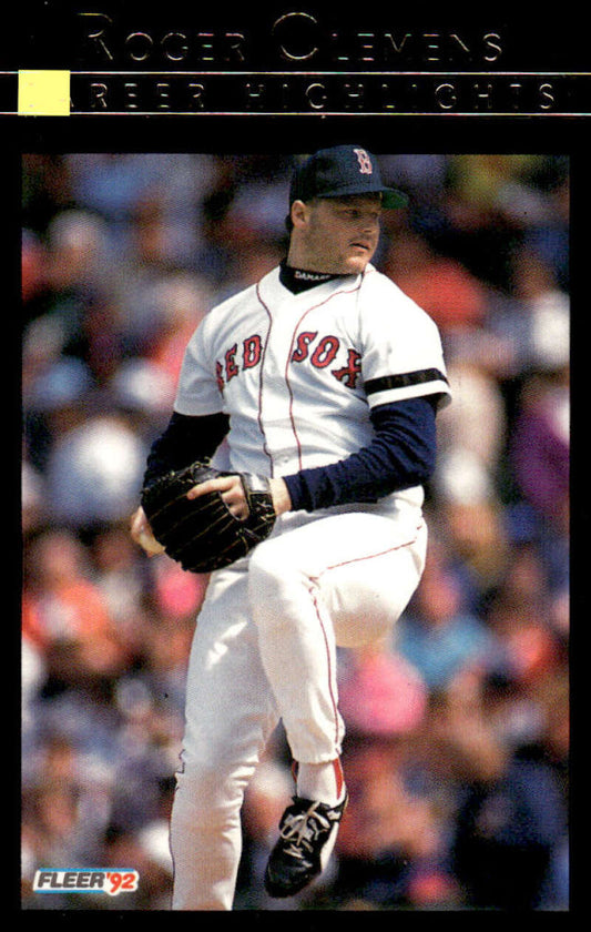 Baseball player Roger Clemens in pitching motion, Boston Red Sox uniform baseball card