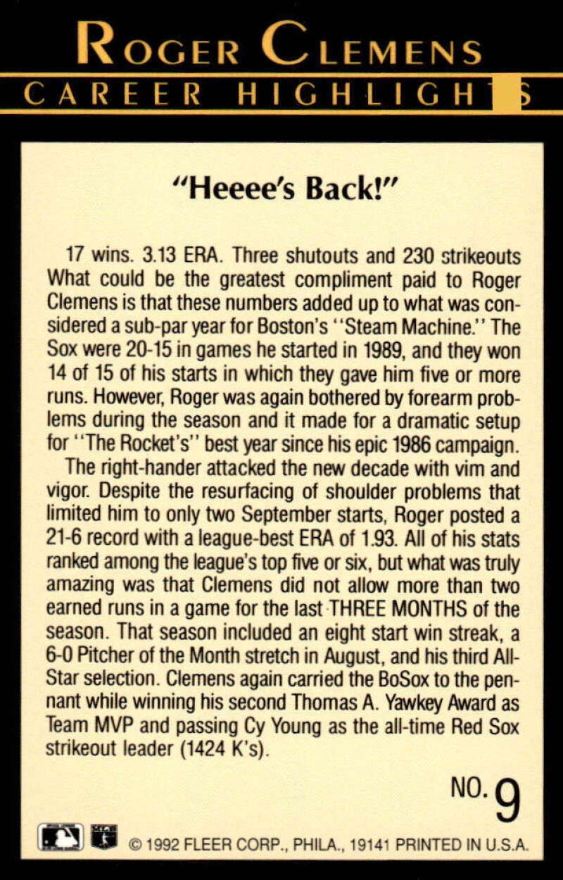 Baseball card of Roger Clemens featuring stats on a cream background for Red Sox fans