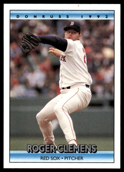 1992 Donruss Roger Clemens Boston Red Sox Baseball Card showing pitcher in delivery