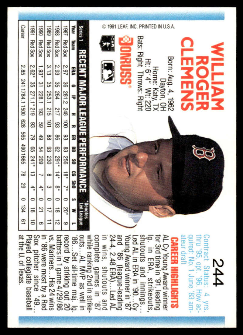 Baseball trading card of Roger Clemens in black cap, Boston Red Sox, 1992 Donruss