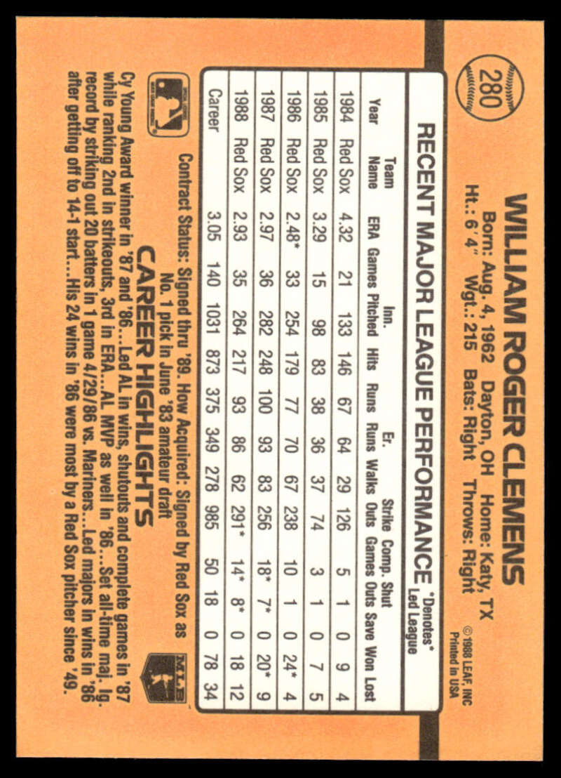 Roger Clemens 1989 Donruss Baseball Card with career stats on an orange background