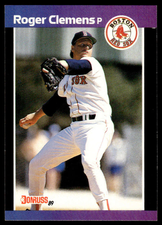 Baseball player Roger Clemens in Boston Red Sox uniform mid-pitch on card