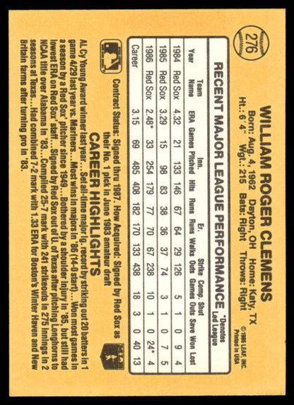 Back of 1987 Donruss #276 Roger Clemens Baseball Card showcasing Red Sox player stats