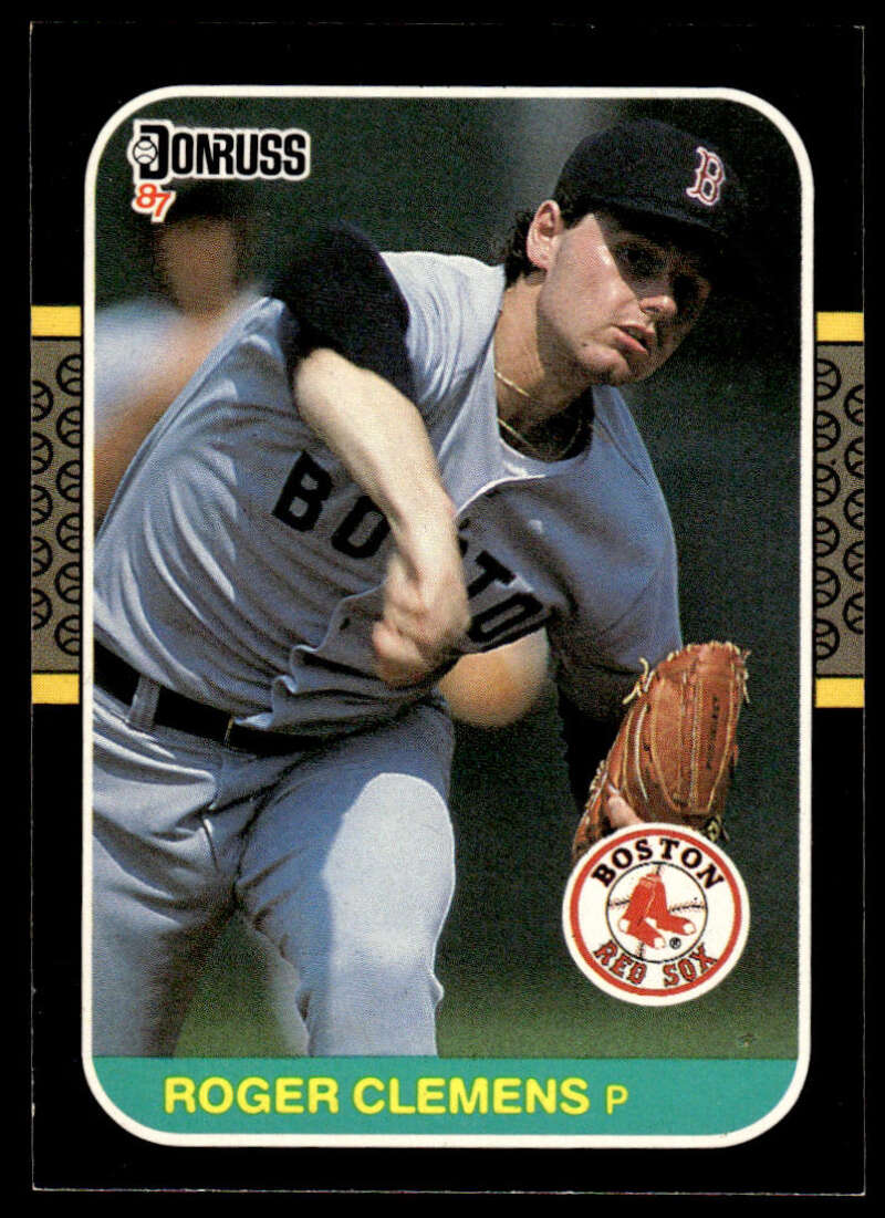 1987 Donruss Baseball Card of Roger Clemens in mid-throw for the Red Sox