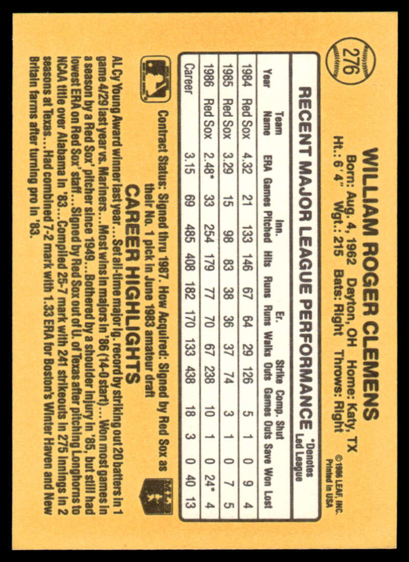 Yellow baseball card back featuring player statistics for Roger Clemens Red Sox