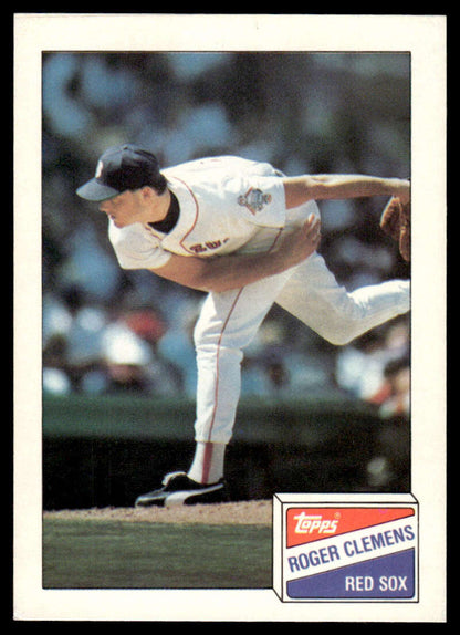 Baseball card featuring Roger Clemens pitching for the Boston Red Sox mid-delivery