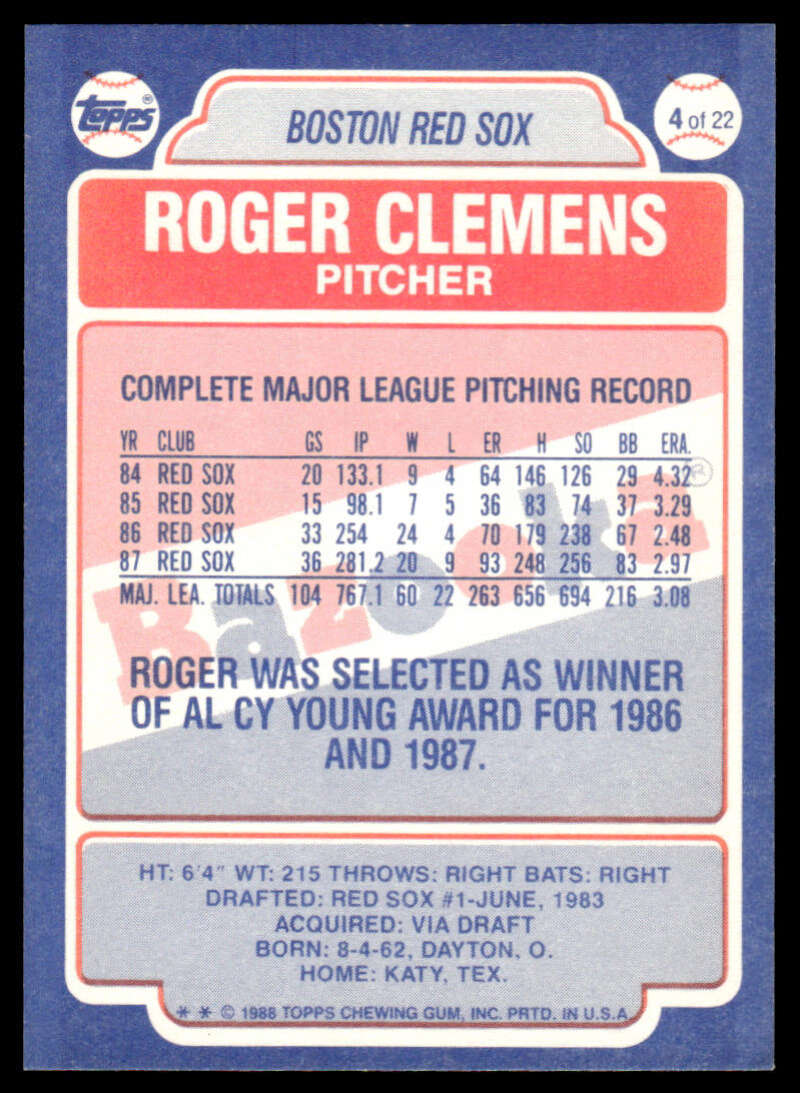 Baseball card of Roger Clemens with Boston Red Sox career stats and info