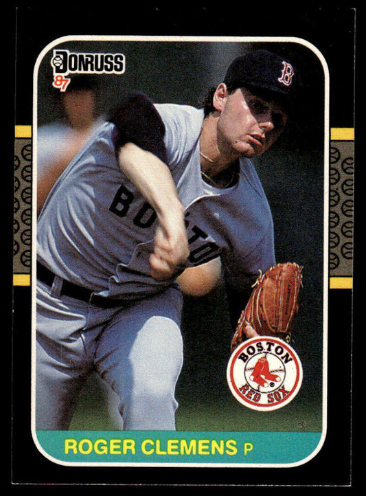 Boston Red Sox baseball card of Roger Clemens in mid-delivery from 1987 Donruss set